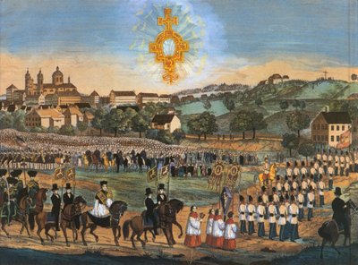 Altdorf-Weingarten, Heilig-Bloed-processie 1849 of in de volgende jaren; gekleurde lithografie, variant met Heilig-Bloed-relikwie in de hemel door Joseph Bayer